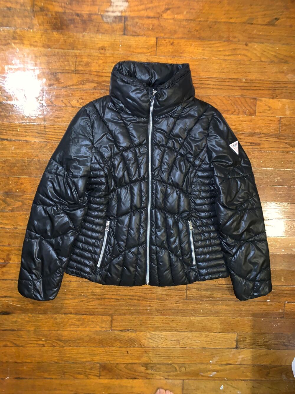 Guess Womens Large Black Quilted Puffer Jacket High Collar Full Zip Winter